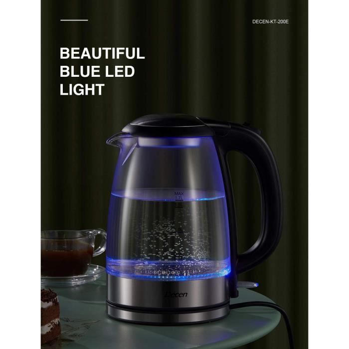 Bouilloire Électrique en Verre Decen 2200W Bouilloire Électrique de Chauffage Rapide, illumination LED, Auto-Arrêt Protection Anti
