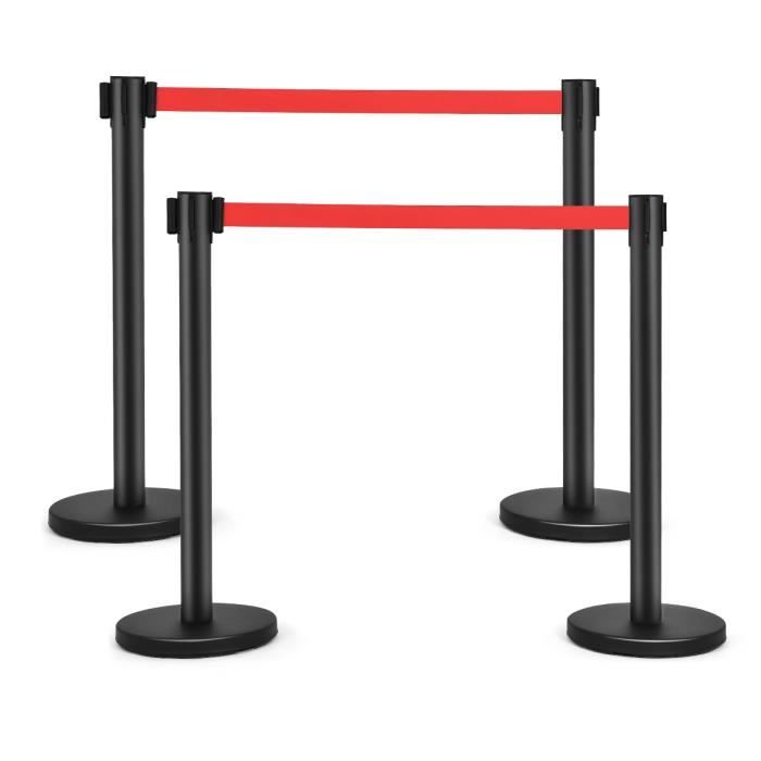 COSTWAY 4 Poteaux de Guidage Guide File avec 2 Sangles Rétractable 2 M Rouge en Acier Inoxydable pour Aéroport, Théâtres, Cinéma