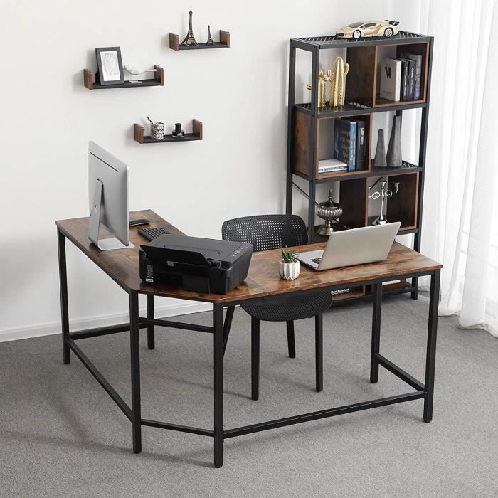 FREOSEN Bureau d'angle Informatique, Vintage industriel avec Cadre en Métal, 135 x 50 x 75 cm (L x l x H)