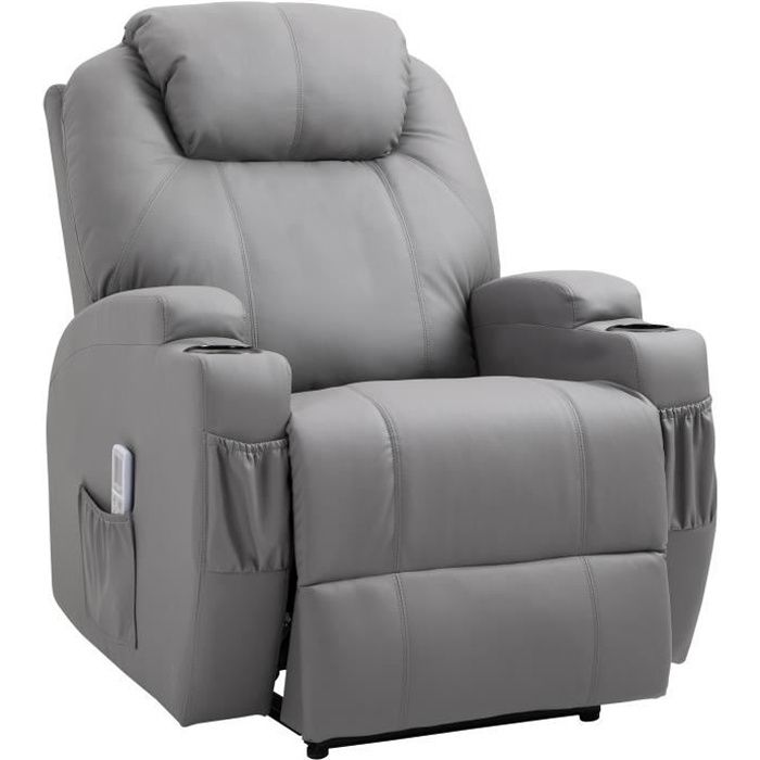 Fauteuil luxe de relaxation et massage chauffant inclinaison dossier repose-pied électrique simili cuir gris 82x97x110cm