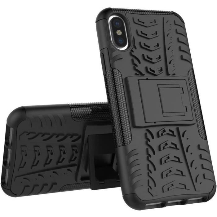 Coque pour iPhone X, iPhone 10 [Design pneu] antichoc, légère, robuste, hybride double couche de protection avec béquille,