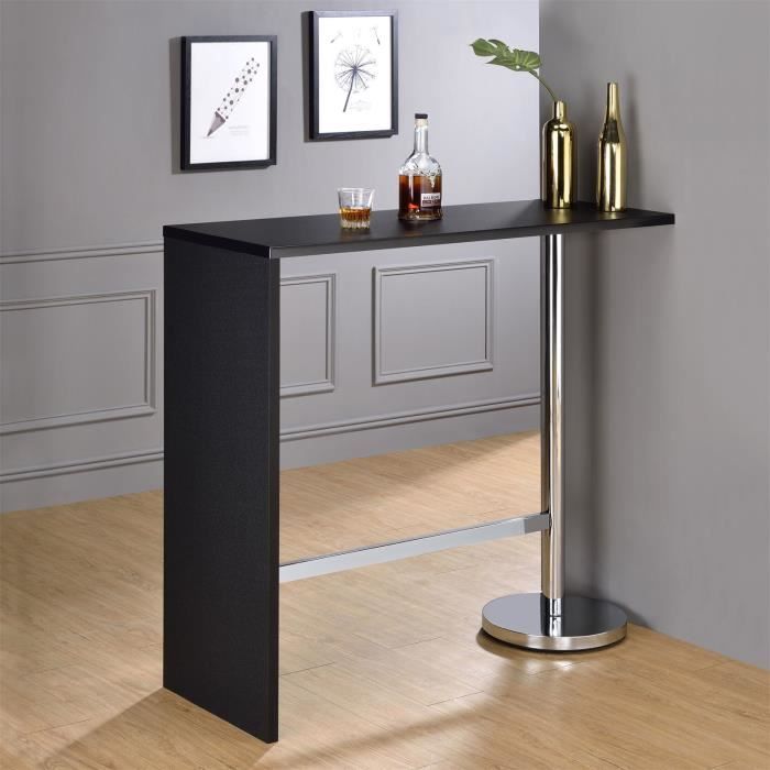 Table haute de bar RICARDO mange-debout comptoir piètement métal chromé, plateau en MDF décor noir mat