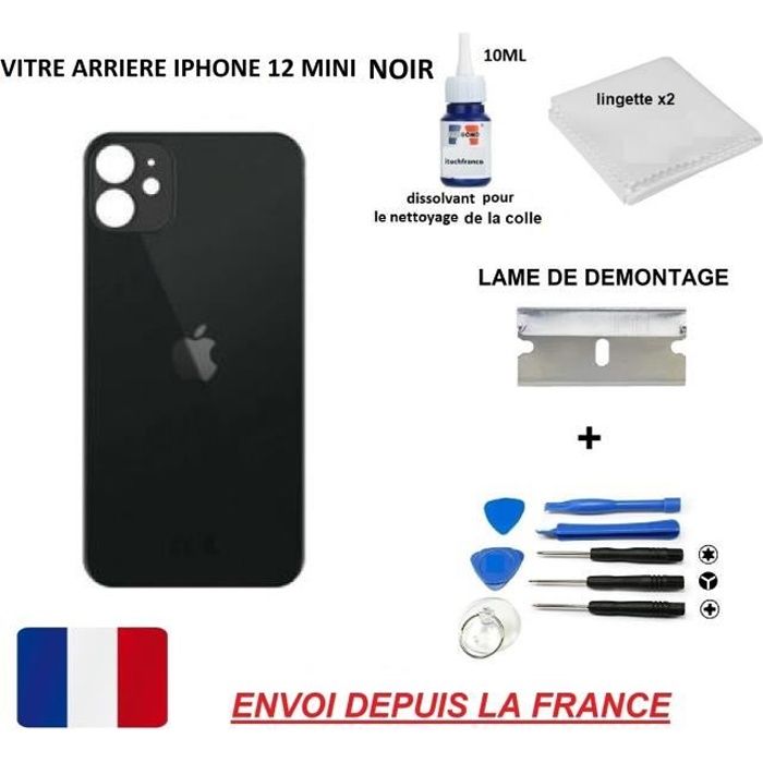 ITECHFRANCE® vitre arrière compatible IPHONE 12 MINI NOIR 5.4 qualité origine en verre, coque cache batterie double face Adhésif,dis