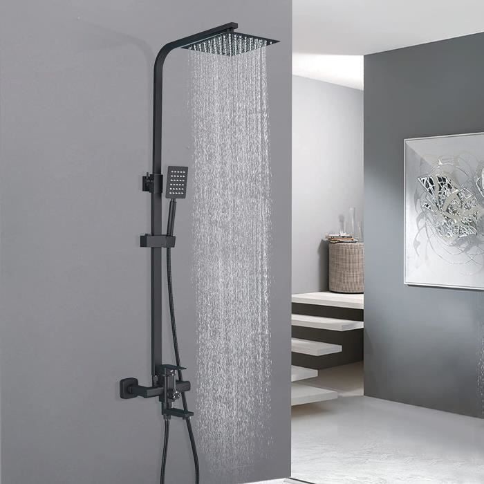 JULLYBATHEVY Colonne de Douche Noir - Système de Douche Hauteur Réglable - Pomme haute carrée 20x20 cm - Douchette à 3 modes