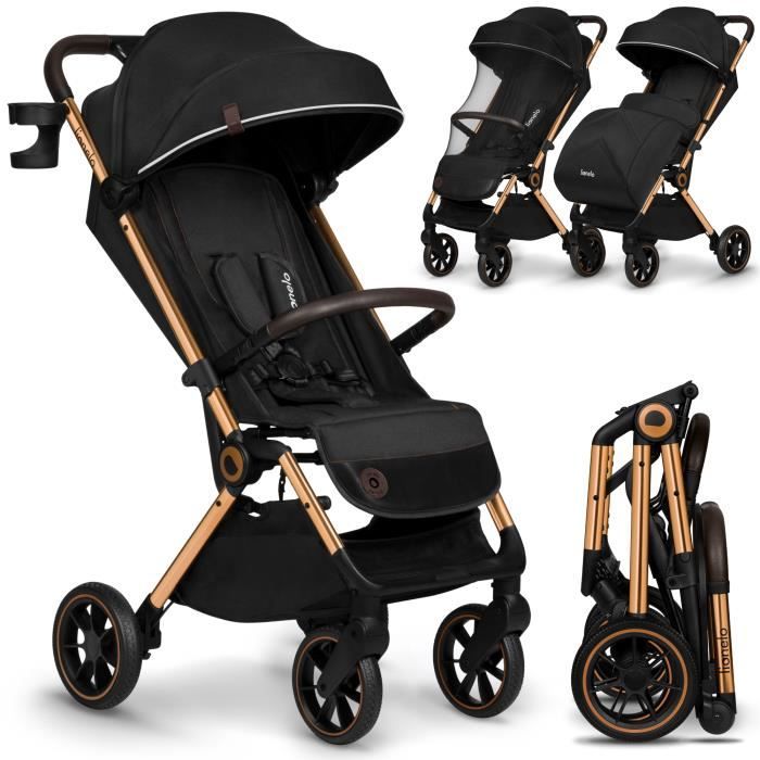 LIONELO Cloe - Poussette bébé compacte - Jusuq'à 22 Kg - Système légère & pliable - Grandes Roues - Inclu accessoires - Noir