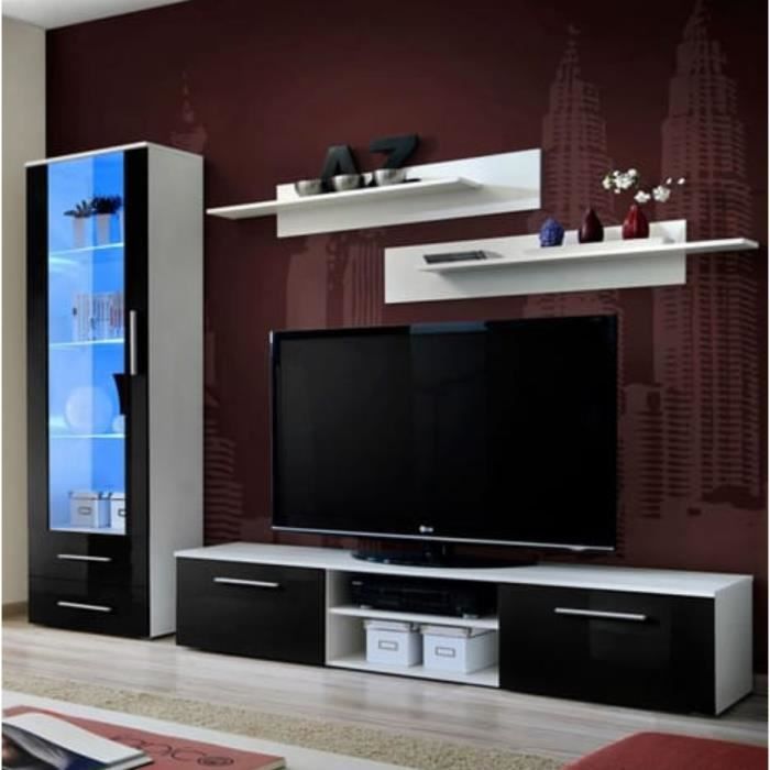 Meuble TV GALINO design, coloris noir et blanc brillant. Meuble moderne et tendance pour votre salon. 45 Noir