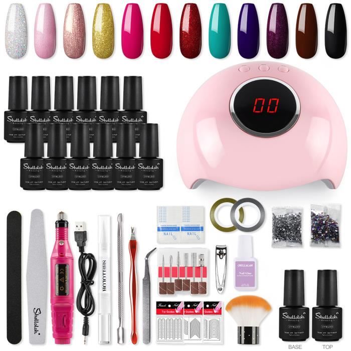 24W UV- LED Nail Shelloloh 12pc Vernis Gel Semi Permanent Vernis Lampe à Ongle Ponceuse Embout Limes Stickers Kit Manucure