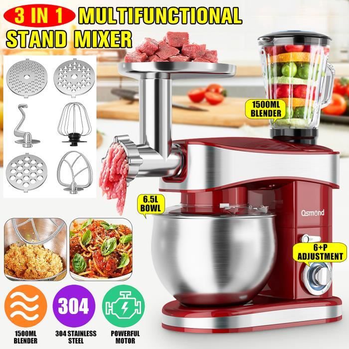Robot Pâtissier Multifonction 3EN1 1200W 6 Vitesses 6.5L Bol en Acier Inox Hachoir à Viande Mixeur Batteur Fouet Cuisine ROUGE NOEL