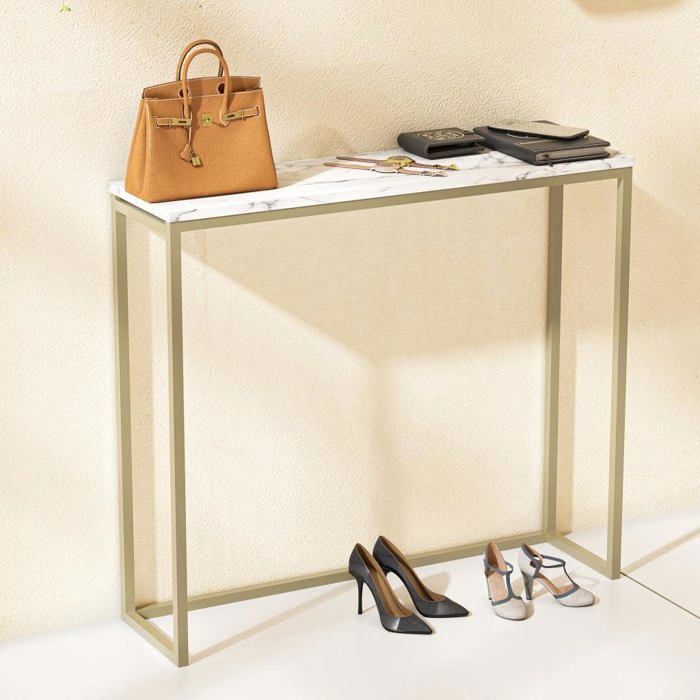 LIFEZEAL Table Console Effet Marbre 120cm - Meuble Entrée Moderne Cadre Métal Doré Gain De Place