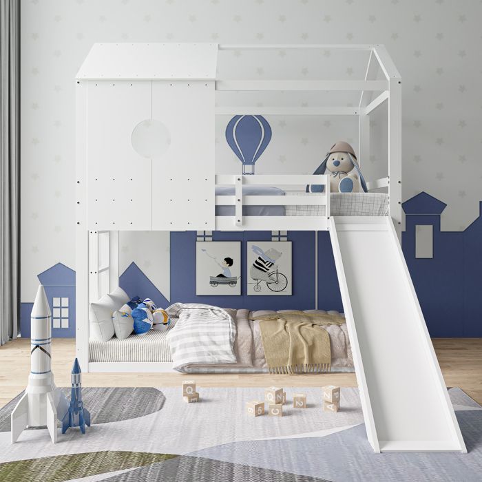 Lit Cabane Enfant 90x200 Cm Avec Toboggan Et Escalier - Bois Massif, Porte Magnétique, Tiroirs De Rangement - Sans Matelas