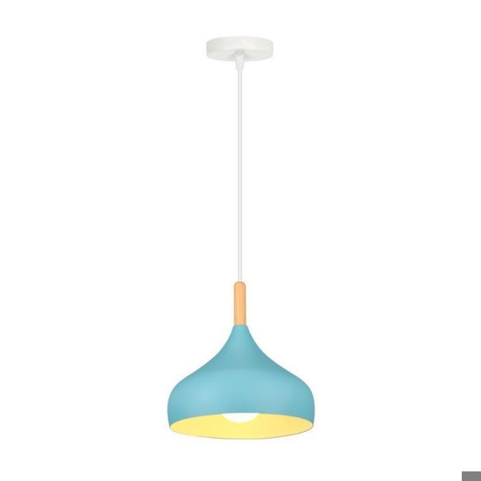 WOTTES Lustre Suspension Luminaire Moderne Style Goutte Chapeau Plafonnier Métal Bois pour Salle à Manger Ø24CM Bleu clair 1PCS
