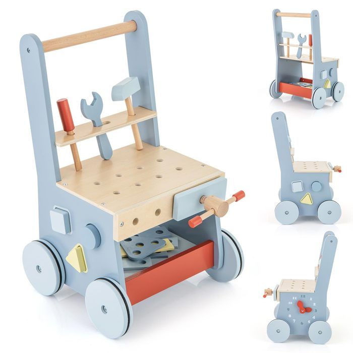 Trotteur en Bois Enfant 2 en 1 Trotteur dActivités avec Outils Poignée Lisse Roues Rangement Arrière Jouet Educatif