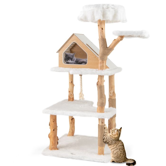 Meilleurs prix pour COSTWAY Arbre à Chat Multi-Niveaux en Bois 150 CM, 2 Perchoirs, Condo, Griffoirs en Jute, Corde en Sisal, Peluche Longue et Douce