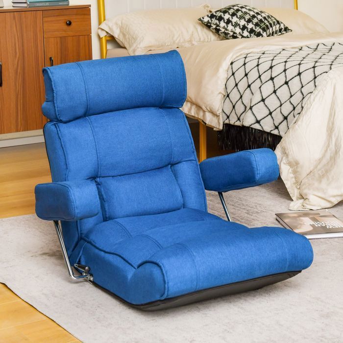 Fauteuil de Sol - RELAX4LIFE - Appui-Tête - Support Lombaire - Dossier Réglable 90°-180° - Accoudoirs Rabattables - Bleu
