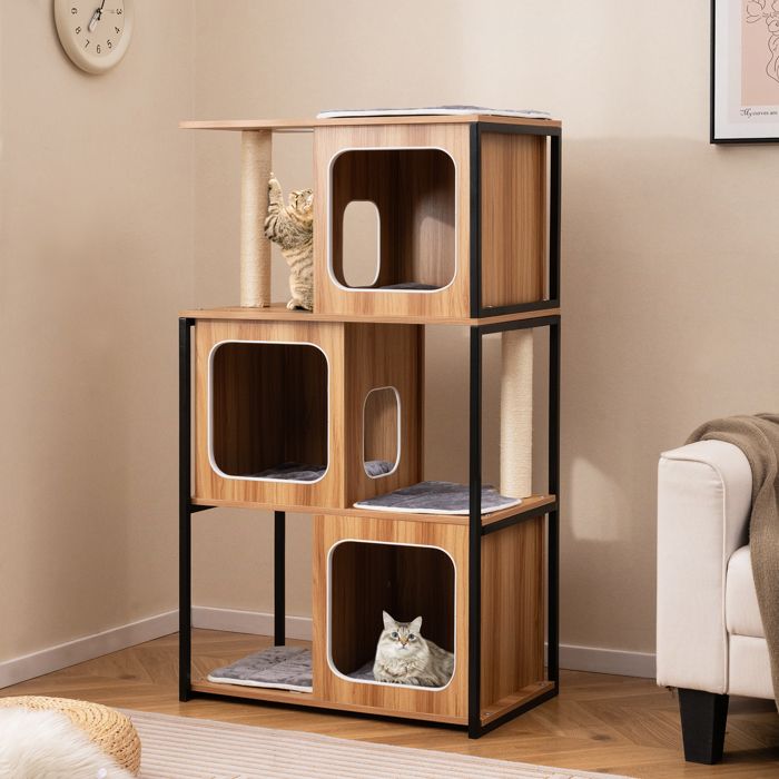 Meilleurs prix pour GOPLUS Arbre à Chat 133CM avec Cadre en Métal, 3 Niches, Griffoirs et Planche en Sisal, Coussins Lavables, Meuble Arbre Chat