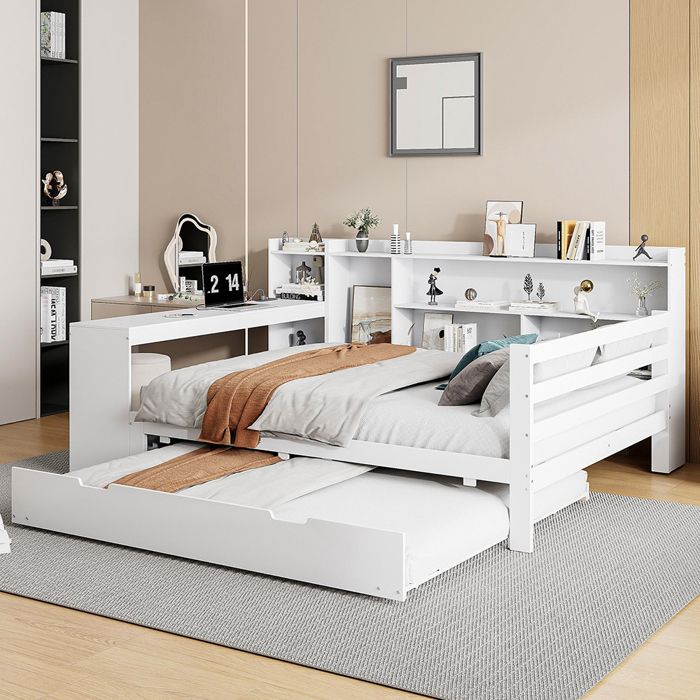 Lit combine 140x200 cm avec Lit gigogne bureau étagères compartiments de rangement et étagères avec prises Blanc Lit combine 140x200 cm avec Lit gigogne bureau étagères compartiments de rangement et étagères avec prises Blanc