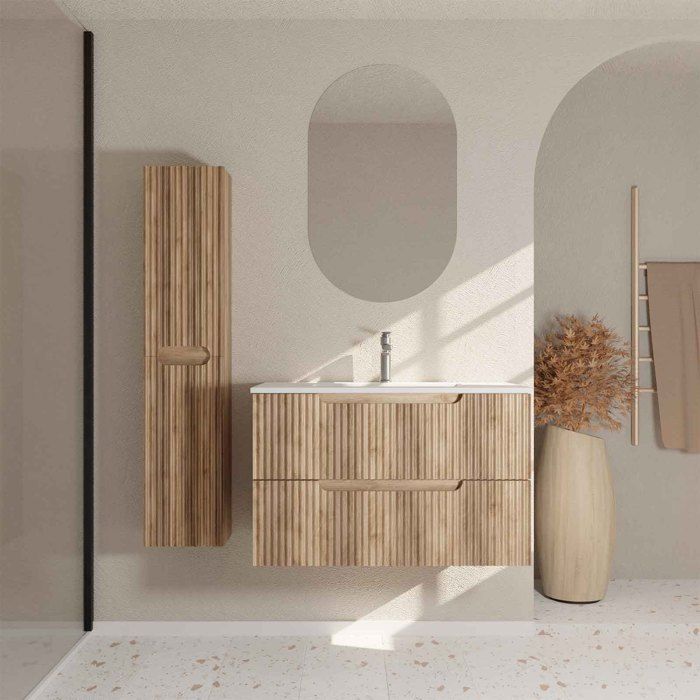 Meuble et colonne de Salle de Bains LEON 80cm Décor Bois - Façades Ondulées - Vasque Blanche Mate