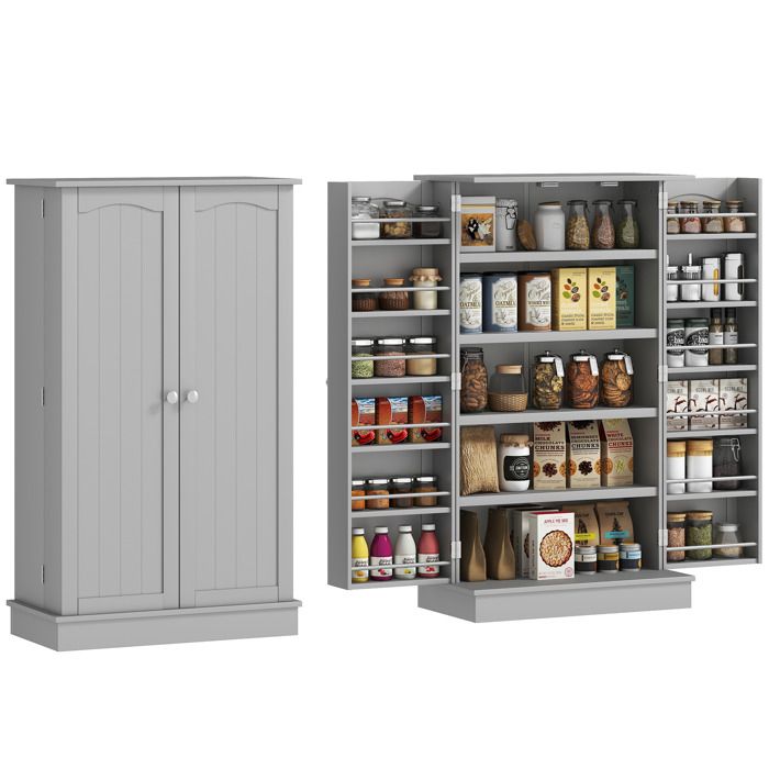 Armoire meuble de cuisine - HOMCOM - 2 portes avec 5 étagères et 12 porte-épices - 60 x 30 x 104 cm - gris
