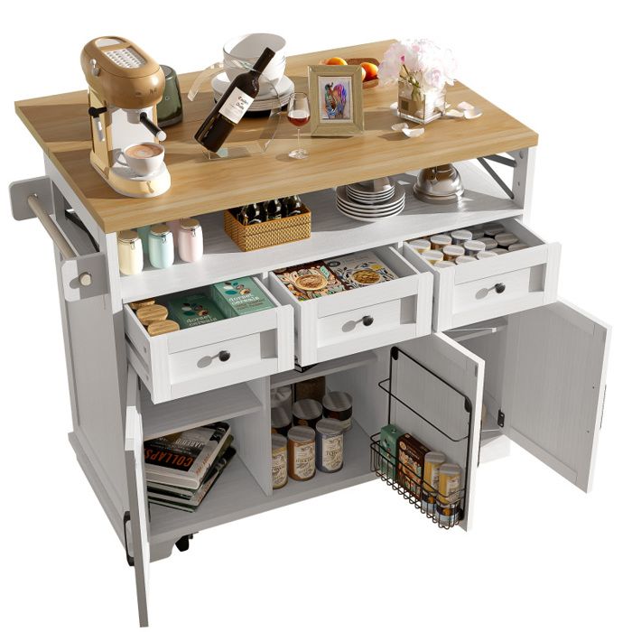 Desserte Bîlot de Cuisine à Roulettes Plateau Pliable avec Grand Placard3 TiroirsPorte-Serviettes-118×43×98cmBlanc