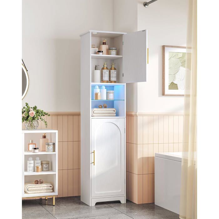 Armoire de Salle de Bain avec Éclairage LED Meuble de Rangement avec Deux Portes de Meuble Étagères Réglables Buanderie Blanc