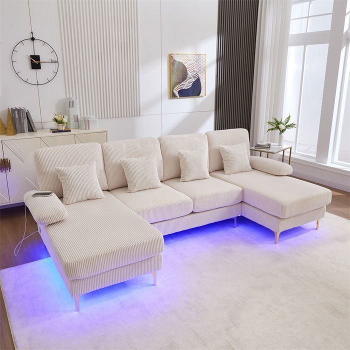 DRIPEX Canapé 4/5 places en forme de U moderne avec Lumière LED et port USB-CCanapé avec 4 coussins265*135*88cmBeige