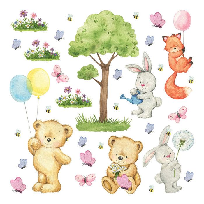 Stickers muraux - Ourson - Animaux de la forêt - Autoadhésif - 30x30 cm