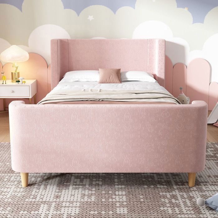 Lit enfant fille - 90x200 cm - Rose - Velours - Motif cosmique - Antidérapant