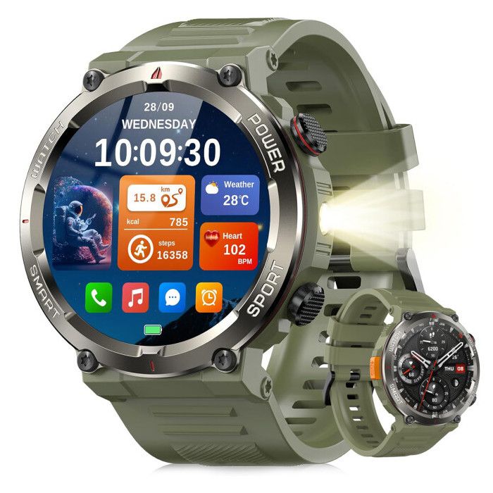 Blackview W50 Pro Montre Connectée Homme Femme 960 mAh Tacile 1.45 Appel Bluetooth Lampe de poche à LED Analyse Sommeil Vert
