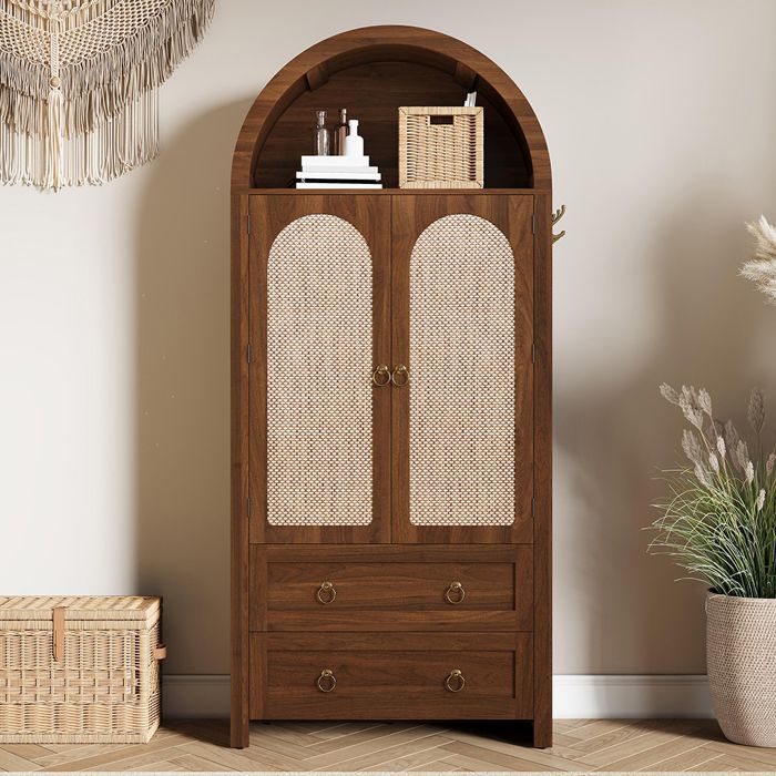 Buffet - Buffet haut 80 x 40 x 180 cm - Noyer porte en rotin tressé - 2 tiroirs étagères réglables