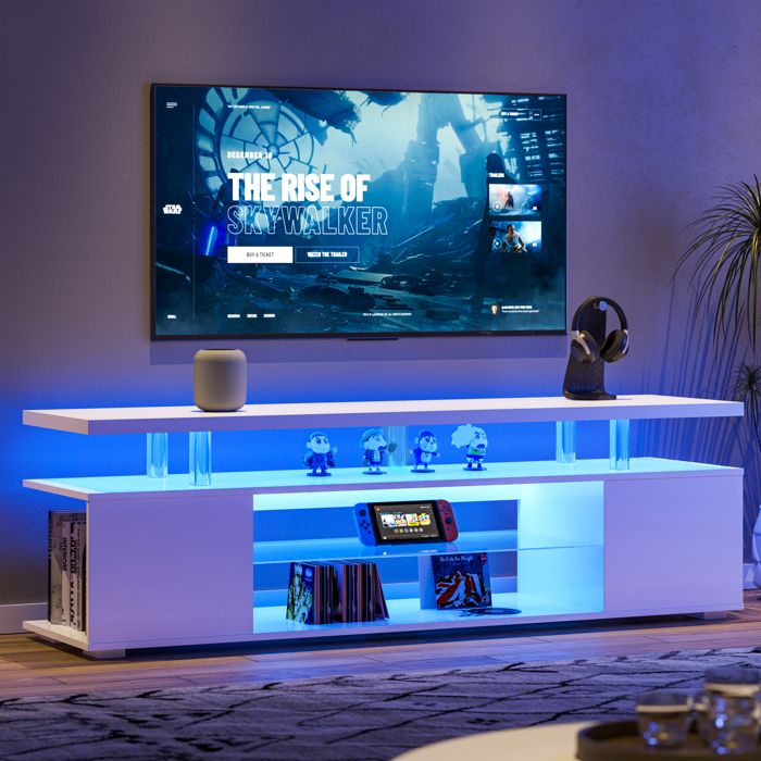 Meuble TV - KOMHTOM - 152x40x60 cm - MDF - Blanc - 3 rangements cachés & étagère ouverte Meuble TV - KOMHTOM - 152x40x60 cm - MDF - Blanc - 3 rangements cachés & étagère ouverte