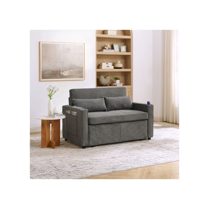Canapé convertible 2 places avec ports USB en tissu gris foncé