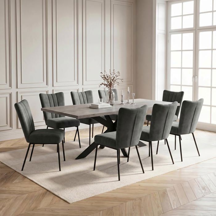JIEXI Lot de 8 tables et chaises de salle à manger extensibles en MDF avec chaises rembourrées en flanelle grise 160-200 cm