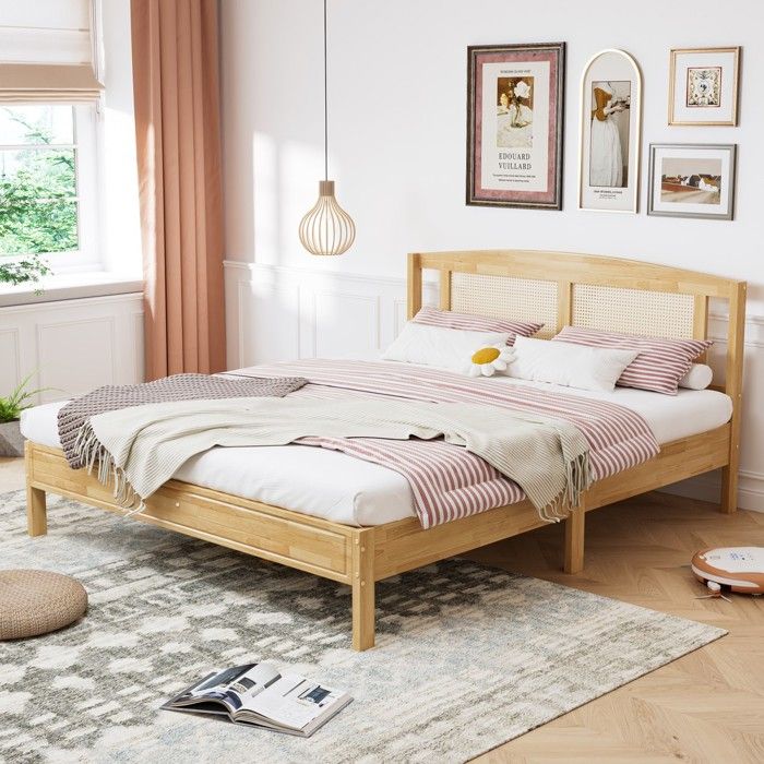 Lit double - Rotin naturel - 160x200 cm - Sommier 15 lattes - Pieds centraux charge 150 kg