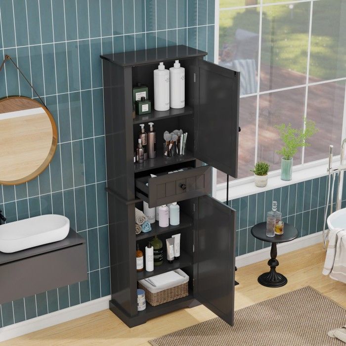 Colonne de salle de bain noire anti-humidité placards haut bas tiroir étagères réglables poignées noires 56x28x167 3cm Colonne de salle de bain noire anti-humidité placards haut bas tiroir étagères réglables poignées noires 56x28x167 3cm