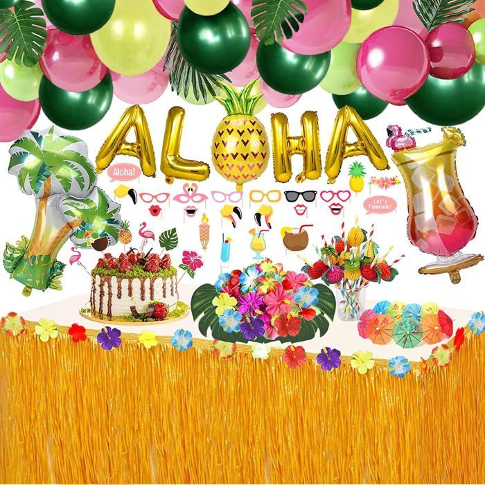 Kit de décoration Luau hawaïen 162 pièces - Jupe de table et guirlandes de ballons Aloha - Pour fête tropicale à la plage