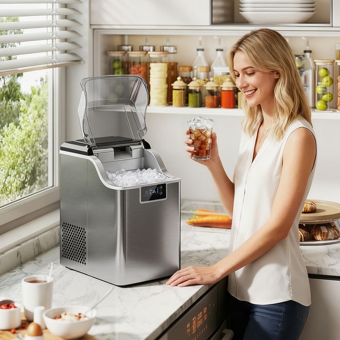 Machine à glaçons argent 20 kg/24 h avec distributeur et réservoir d’eau 21 L