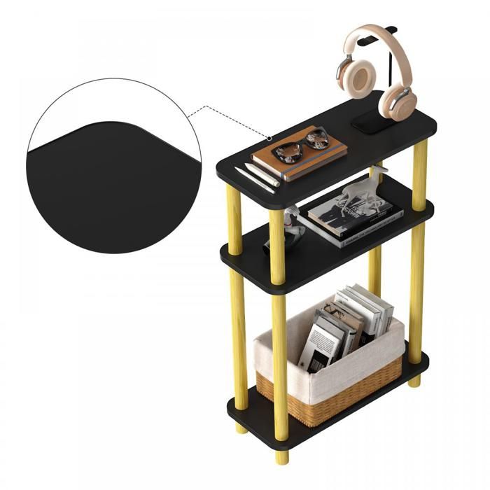 Table dappoint QUIIENCLEE table pour canapé de salon à 3 étagères en aggloméré 40×18×62cm noir bout de canapé