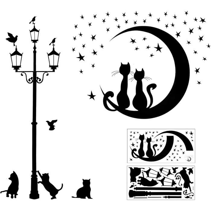 2 pcs autocolnts muraux noirs chats ensemble auto adhésif pour décoration muralempadaire étoile chat stickers muraux
