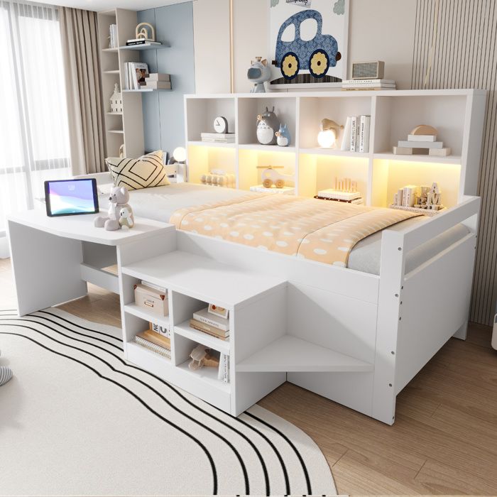 Lit mezzanine Enfant 1 Place 90×200 cm Bureau Rangements LED et USB - LPOSPI - sans Matelas Bois Blanc
