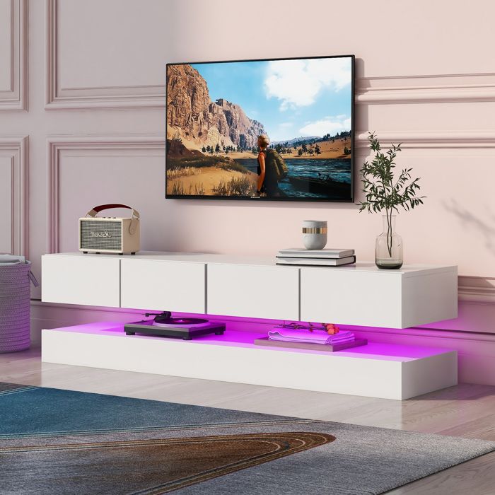 Meuble TV Mural avec 4 Tiroirs et LED Controle Bluetooth USB - YEAVIO - pour Salon en MDF Blanc