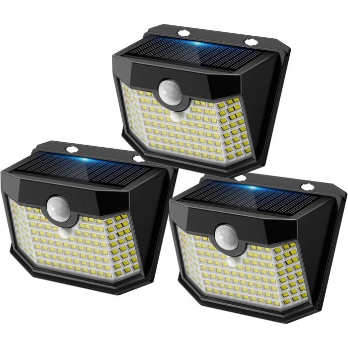 Lampe solaire murale extérieure lot de 3 projecteurs 120 LED détecteur mouvement IP65 lumière froide 130° boîtier noir
