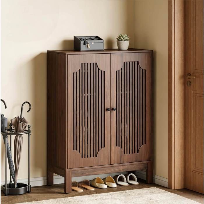 MEUBLIV Meuble à chaussures 2 portes 4 étagères réglables aspect noyer MDF 80 x 35 x 110 cm