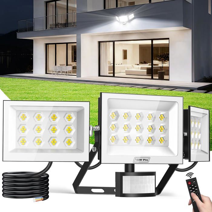 Eclairage Exterieur Avec Detecteur 150W 15000Lm Projecteur Led Extérieur Avec Télécommande 3 Têtes De Lampe 6500K Blanc Fr[L252]
