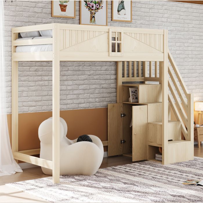 Lit mezzanine - ZEVKOR - 90×200 cm (1 place) escalier réversible - Rangement intégré - Barrières - Bois naturel
