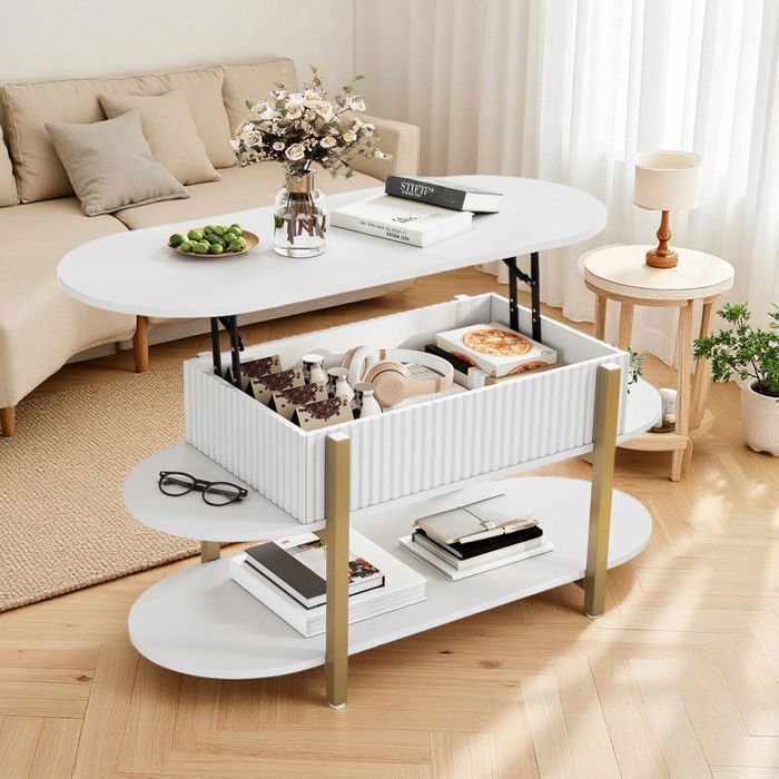 Table Basse Relevable 106 cm avec Rangement Caché Table de Salon avec Étagères et Pieds Métal Dorés pour Salon Chambre Blanc