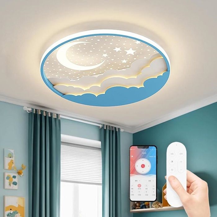 Plafonnier LED enfant étoile et lune bleu dimmable avec télécommande chambre garçon fille 3000-6000K Plafonnier LED enfant étoile et lune bleu dimmable avec télécommande chambre garçon fille 3000-6000K