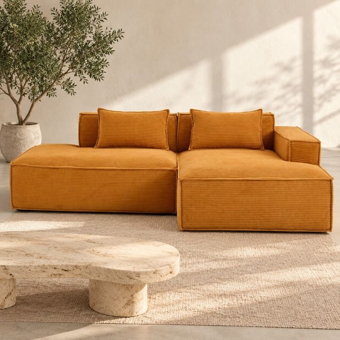 Canapé fixe 2 places 235 cm avec méridienne droite QAVRYL polyester jaune moutarde