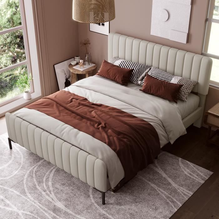 lit capitonné moderne 160 x 200 cm avec sommier à lattes et tête de lit réglable - tissu lin-aapaas- gris+beige