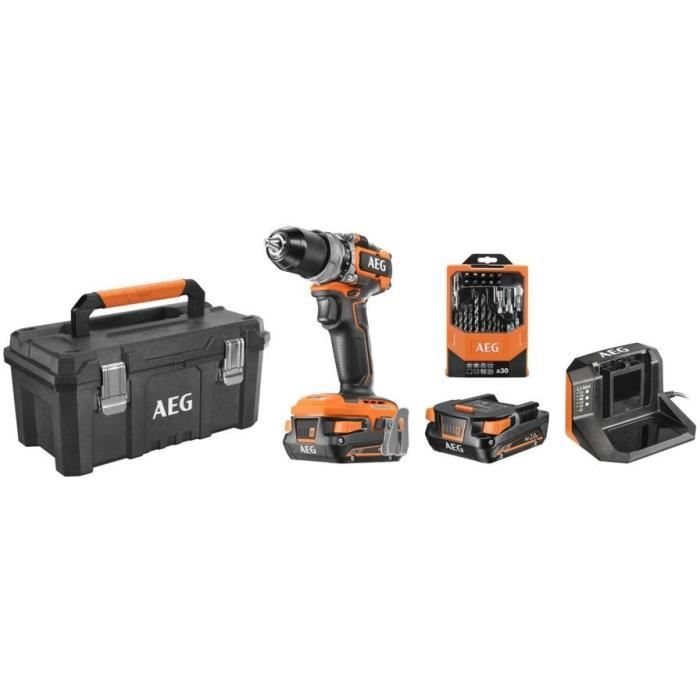 Perceuse-visseuse à percussion SUBCOMPACT - AEG - 18V BRUSHLESS, 65 Nm + 2  batteries, 1 chargeur et 1 coffret 30 accessoires - Cdiscount Bricolage