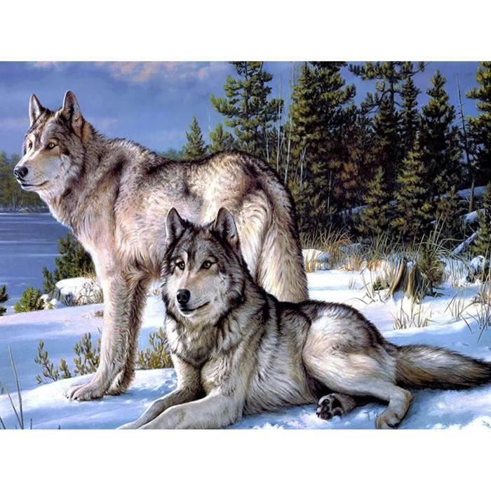 5D Diamond Painting Loup Animal, DIY Peinture Diamant Kit Arbre Rond